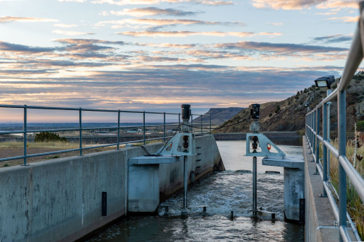 A distributed hydropower project at sunset